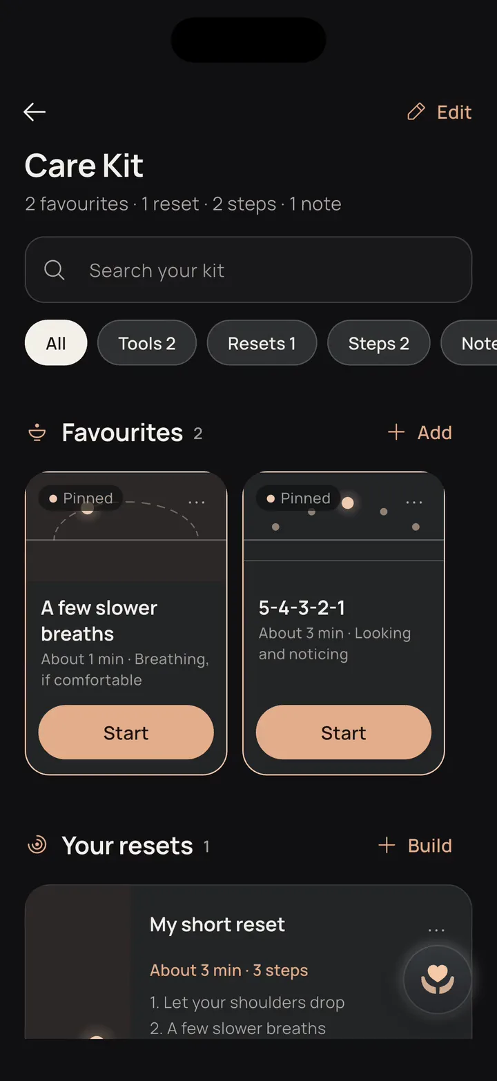 Care Kit: pinned exercises, a saved reset and saved steps, with Edit at the top.