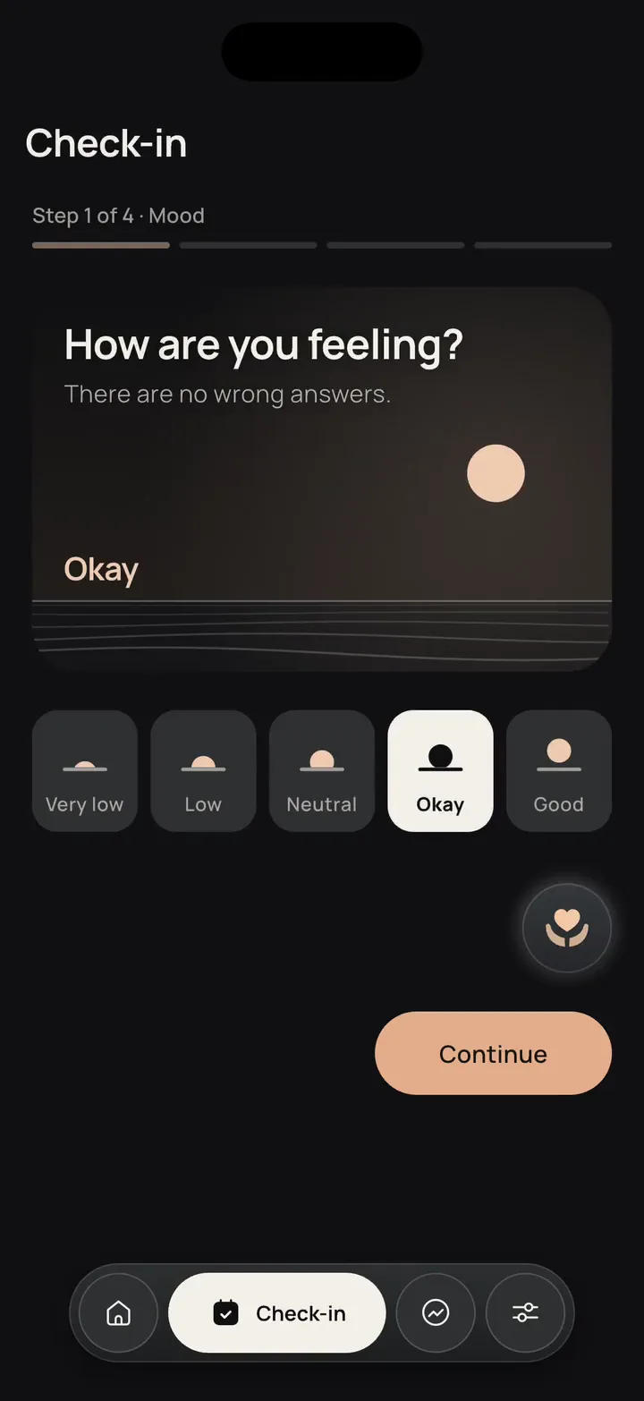 OneStep's check-in: How are you feeling?, with Okay chosen.