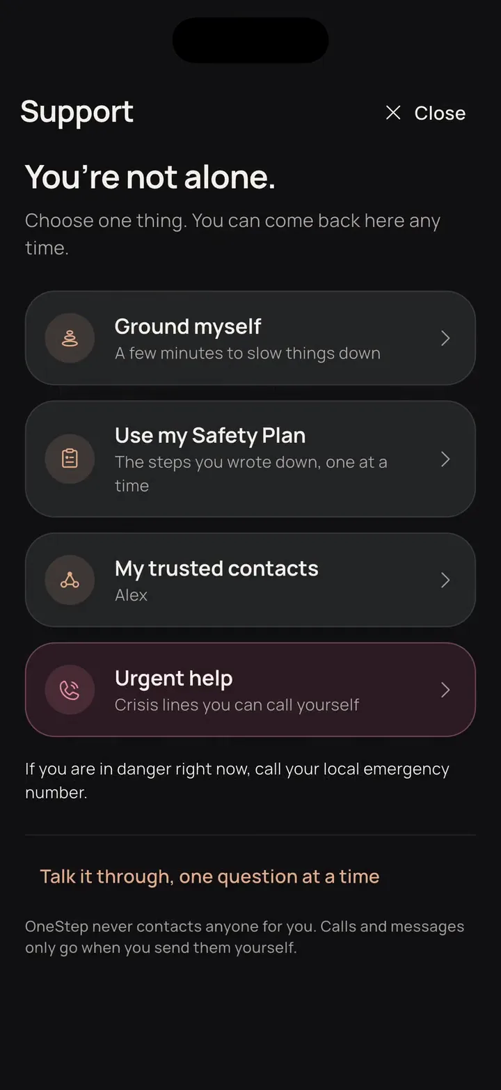 Support, opened from the round button: Ground myself, Use my Safety Plan, My trusted contacts and Urgent help.